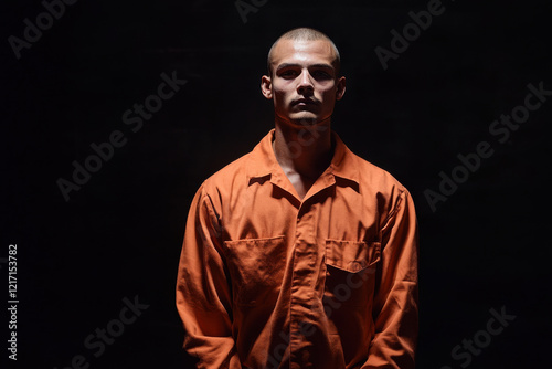 Prisoner on black background. Portrait of offender in jail. Generated AI