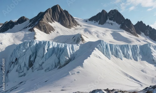 Glacial features on alaskan mountain slopes such as seracs and bergschrund, mountain, mountaineering, glacial valley photo