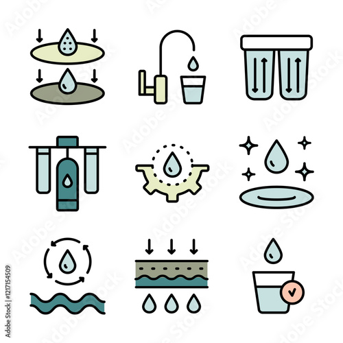 Simple Set of Water Related Vector Color Icons. Water purification icon set. Wastewater treatment collection. Osmosis and desalination. Filtration process. Potable water symbols