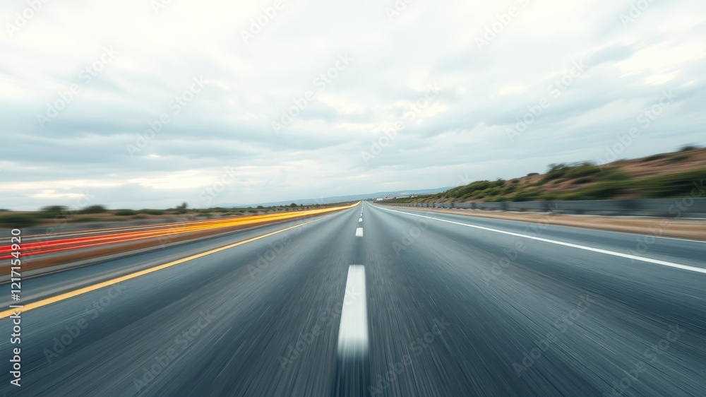 Fototapeta premium Asphalt highway vanishing point with blurred motion streaks of passing vehicles on a cloudy day