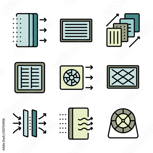 Air Filter And Airflow Collection Icons Set Vector. Air Filter Equipment, Domestic Device For Filtration Concept Color Pictograms. Filtration process