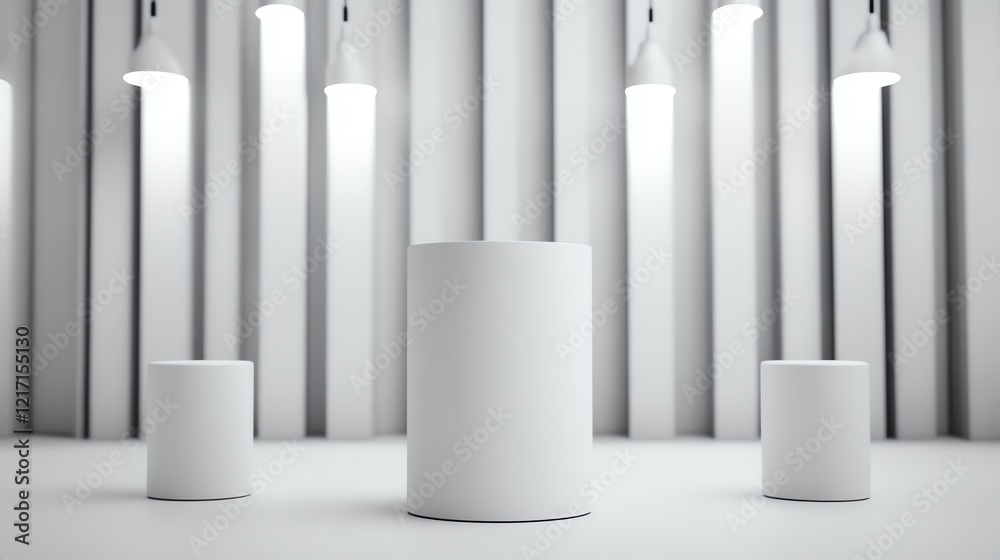 Minimalistic white cylindrical podiums in a modern studio setting, illuminated by a series of overhead lights and flanked by vertical lines for a sleek, contemporary design backdro Minimalistic white cylindrical podiums in a modern studio setting, illuminated by a series of overhead lights and flanked by vertical lines for a sleek, contemporary design backdro