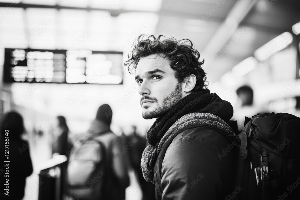 Fototapeta premium Mężczyzna czekający w kolejce na lotnisku, jego twarz jest spokojna i obojętna, podczas gdy inni wokół niego okazują oznaki niecierpliwości i frustracji