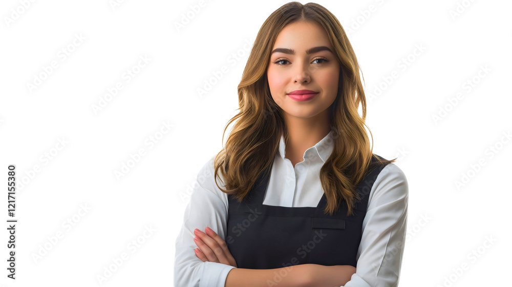 Happy Young Woman Waitress in Uniform Smiling Confidently Against Isolated Background Happy Young Woman Waitress in Uniform Smiling Confidently Against Isolated Background