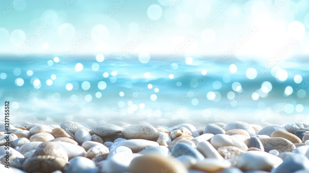 Serene Beach Pebbles with Soft Bokeh Ocean Background Serene Beach Pebbles with Soft Bokeh Ocean Background