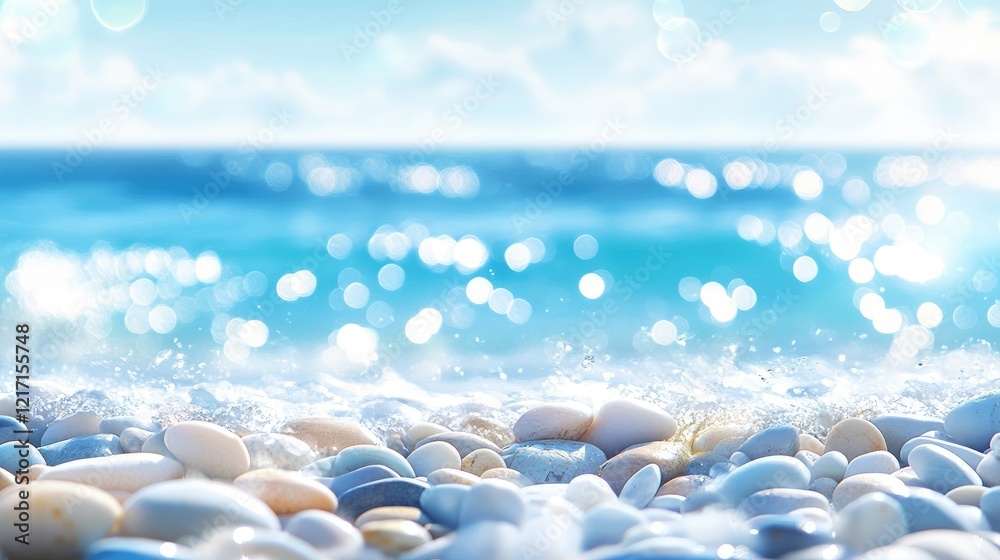Serene Beach Pebbles with Soft Bokeh Ocean Background Serene Beach Pebbles with Soft Bokeh Ocean Background