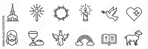 Christianity related icons: thin vector icon set, black and white kit