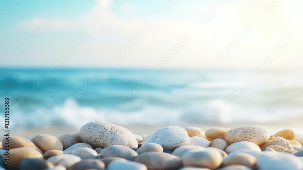 Serene Beach Pebbles with Soft Bokeh Ocean Background Serene Beach Pebbles with Soft Bokeh Ocean Background