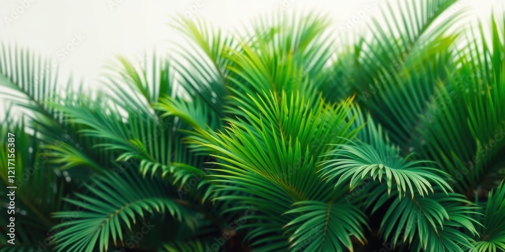 Lush Green Palm Fronds Against a Soft White Background, Ideal for Relaxation and Tropical Themed Designs Lush Green Palm Fronds Against a Soft White Background, Ideal for Relaxation and Tropical Themed Designs