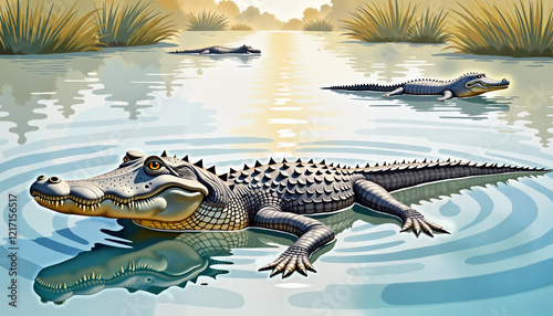 Crocodile floating in tranquil riverine habitat, wildlife conservation, Earth Day, 