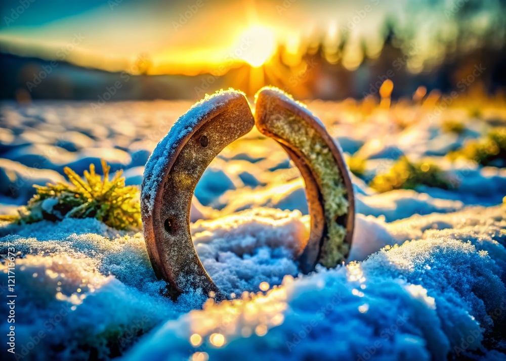 Fototapeta premium Winter Horseshoes: Frosty Metal & Icy Ground Stock Photo