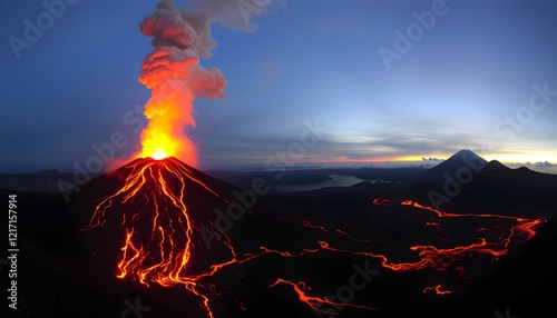 Volcanic Eruption at Dawn: A Spectacle of Fire and Fury photo