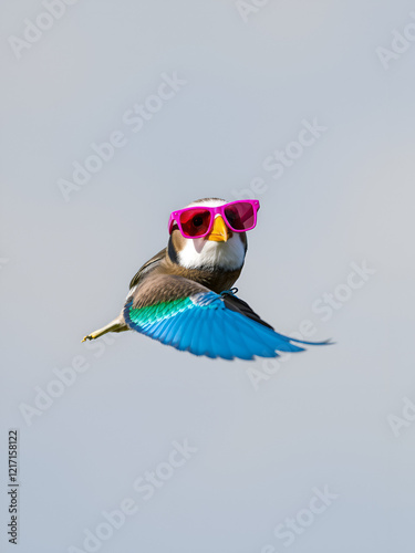 A cheerful bird wearing bright pink sunglasses boldly defies convention as it soars through the sky, unencumbered by the boundaries of the natural world photo