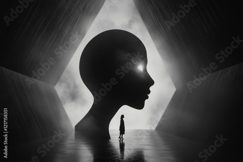 A person crouching in the corner of a room, holding their head and looking around frantically as if hearing voices photo