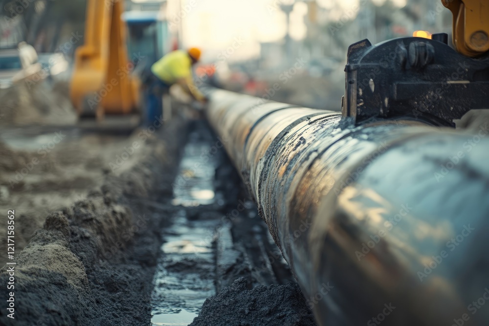 Large Pipeline Installation in Progress on Construction Site Large Pipeline Installation in Progress on Construction Site