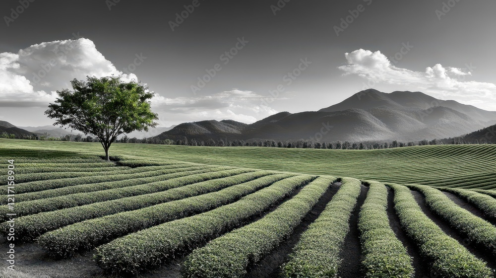 Obraz premium Serene Black and White Landscape of Rolling Tea Fields Under a Dramatic Sky with Mountains in the Background and a Solitary Tree in the Foreground