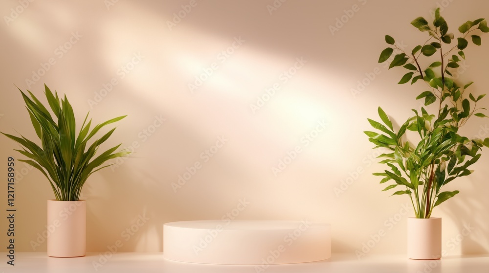 Minimalist Product Display: A pristine white circular podium stands ready to showcase your product in a serene setting. Flanked by lush green plants and bathed in soft sunlight. Minimalist Product Display: A pristine white circular podium stands ready to showcase your product in a serene setting. Flanked by lush green plants and bathed in soft sunlight.