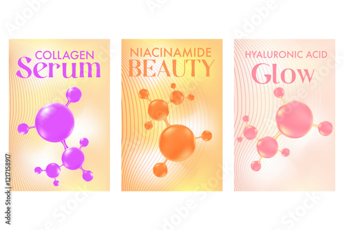 Aesthetic beauty molecule poster set with hyaluronic acid, collagen, niacinamide serum molecular banner. Nude pink, light yellow cosmetology advertisement. Beauty science skin care molecular concept