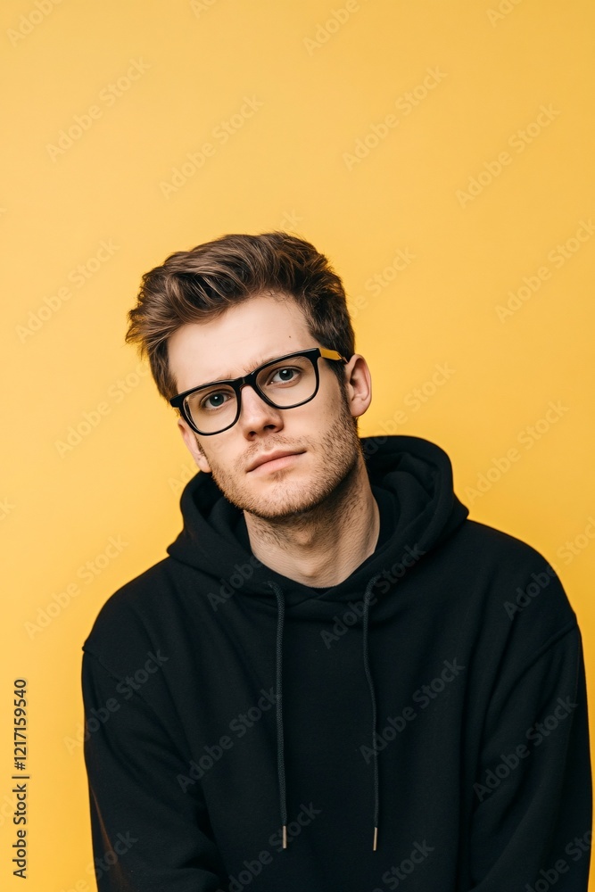 Thoughtful Man in Black Hoodie Resting Chin on Hand Against Yellow Studio Background