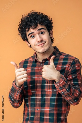 Confident Young Man with Curly Hair Giving Thumbs Up in Plaid Shirt on Orange Background photo