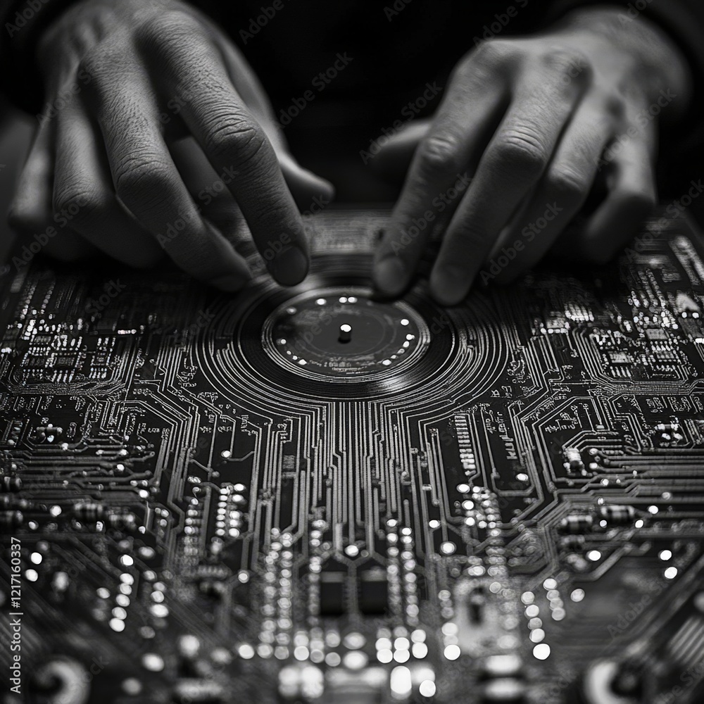 Obraz premium A circular circuit board with glowing connectors, representing technology and connectivity. Ideal for tech, electronics, and digital-themed visuals.