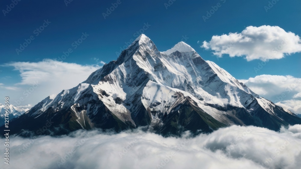 Breathtaking View of Snow-Capped Mountain Peaks Emerging from the Wispy Clouds Beneath a Bright Blue Breathtaking View of Snow-Capped Mountain Peaks Emerging from the Wispy Clouds Beneath a Bright Blue