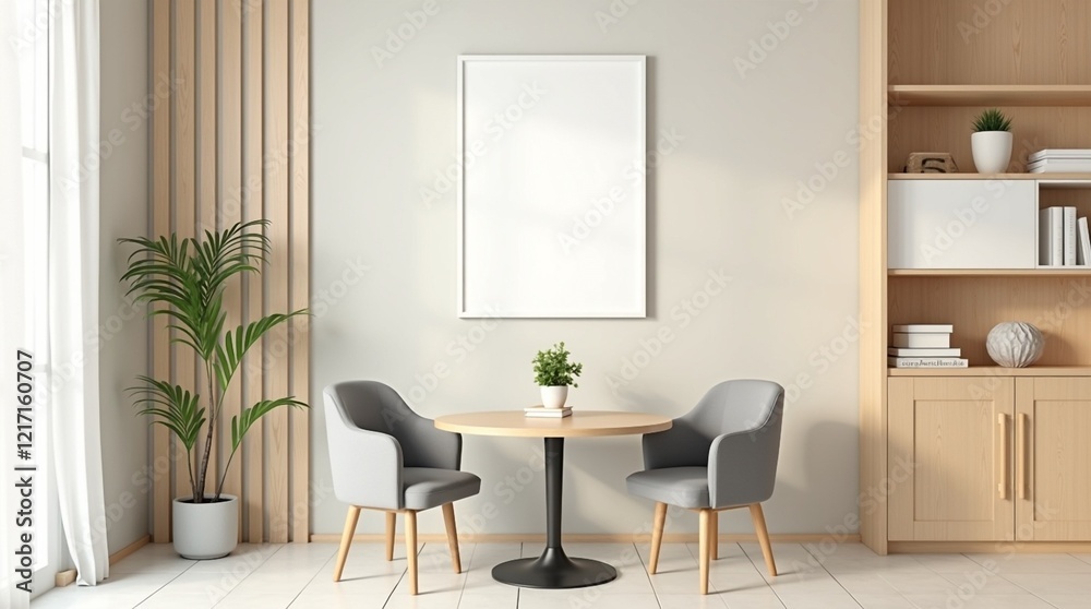 Fototapeta premium Stylish Minimalist Cafe Interior Wooden Paneling, Modern Seating, and Blank Frame for Creative Design Displays