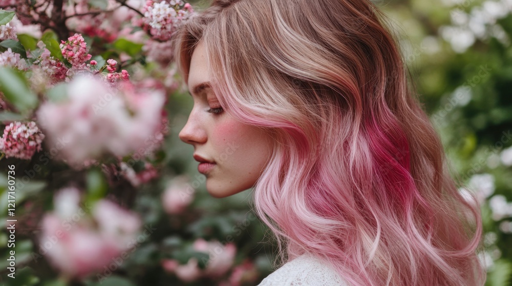 Young caucasian female with pink hair amidst blossoming flowers in spring garden Young caucasian female with pink hair amidst blossoming flowers in spring garden