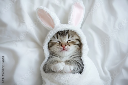 A snug kitten with Easter bunny ears snoozes on a bed under a warm white blanket at home, viewed from above photo