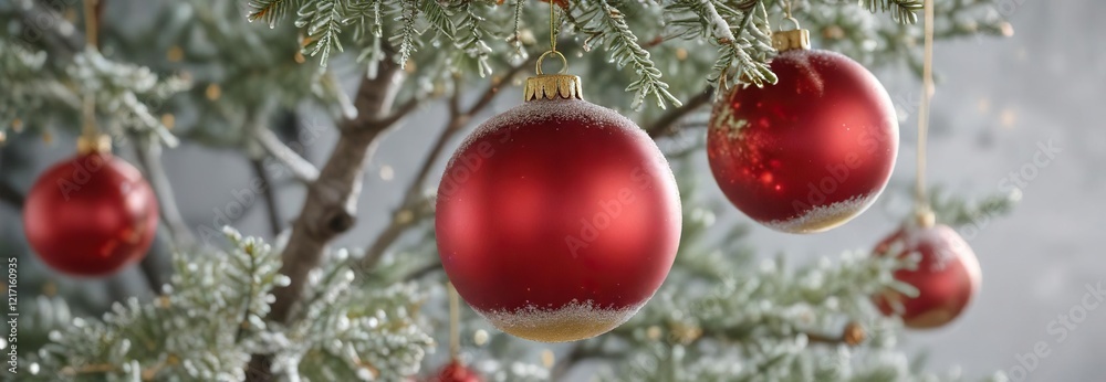 Fototapeta premium Close-up of red and gold glass baubles on a frosted tree branch, festive atmosphere, shiny ornaments, holiday season, elegance, traditional Christmas