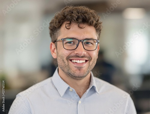 Portrait en gros plan d’un jeune homme souriant, homme d’affaires souriant et regardant la caméra, financier ou investisseur travaillant dans un bureau, satisfait des résultats obtenus.