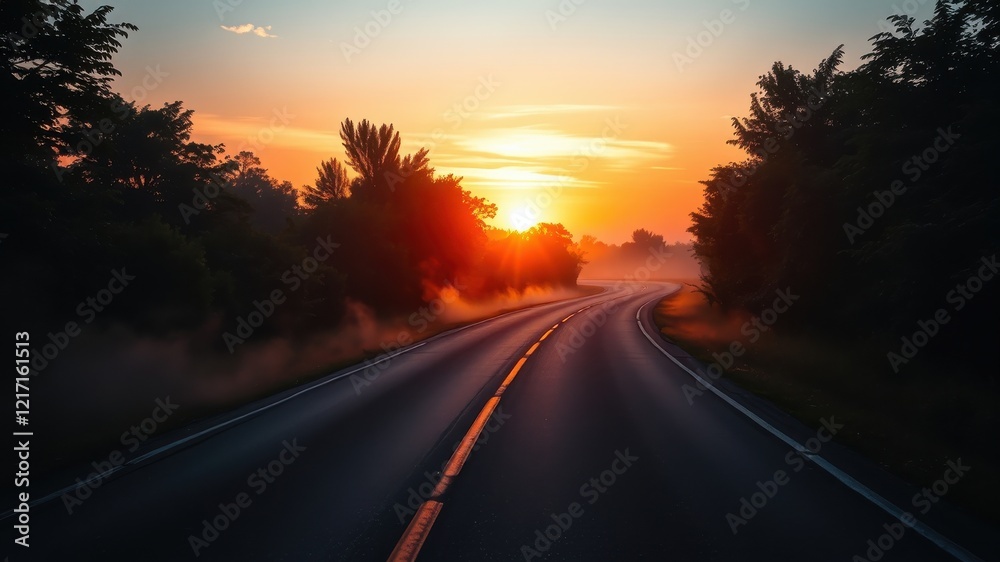 Serene Sunrise Road Misty Morning on a Winding Asphalt Highway