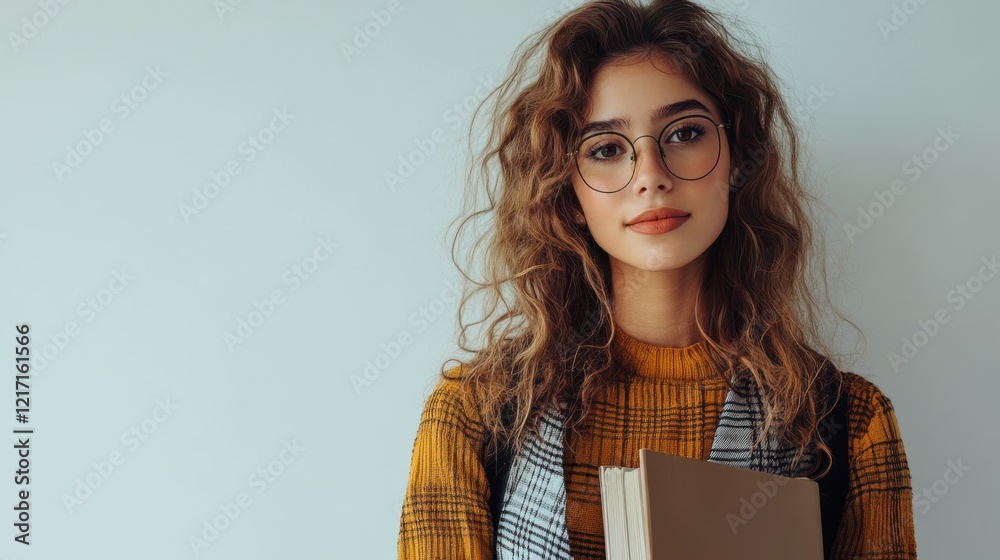 Obraz premium Young Woman with Curly Hair Holding a Book