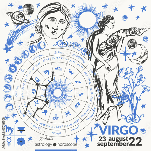 Hand drawn virgo zodiac signs illustration, horoscope background with astrology symbols and talismans