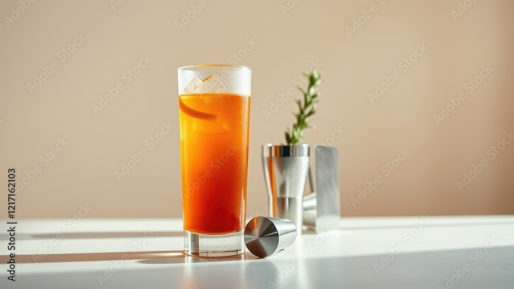 Refreshing Iced Beverage in Tall Glass with Garnish and Cocktail Tools Refreshing Iced Beverage in Tall Glass with Garnish and Cocktail Tools