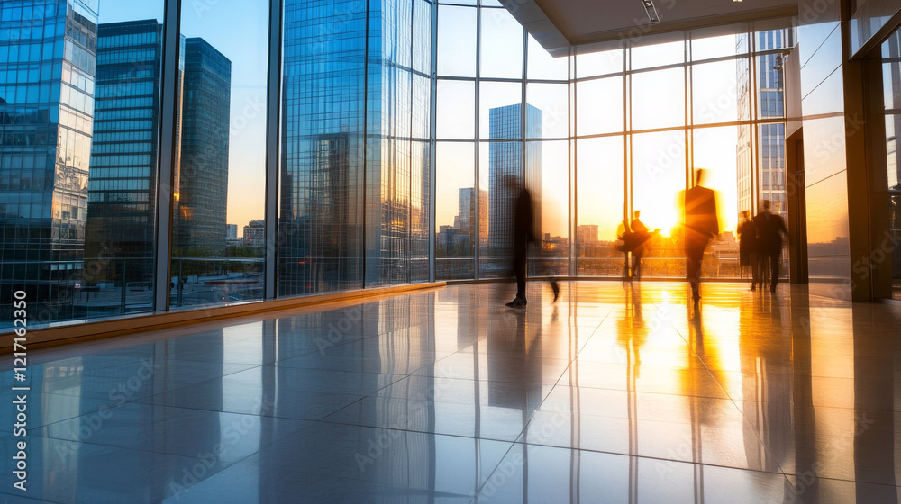 Silhouetted Figures in Modern Office: Silhouetted businesspeople walk through a modern office building's expansive window, the setting sun casting a warm glow on the city skyline.