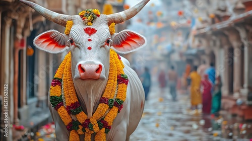 white cow adorned with colorful garlands and red face paint, standing in the narrow streets of an indian village with ancient buildings and people, a vivid scene of tradition and culture photo