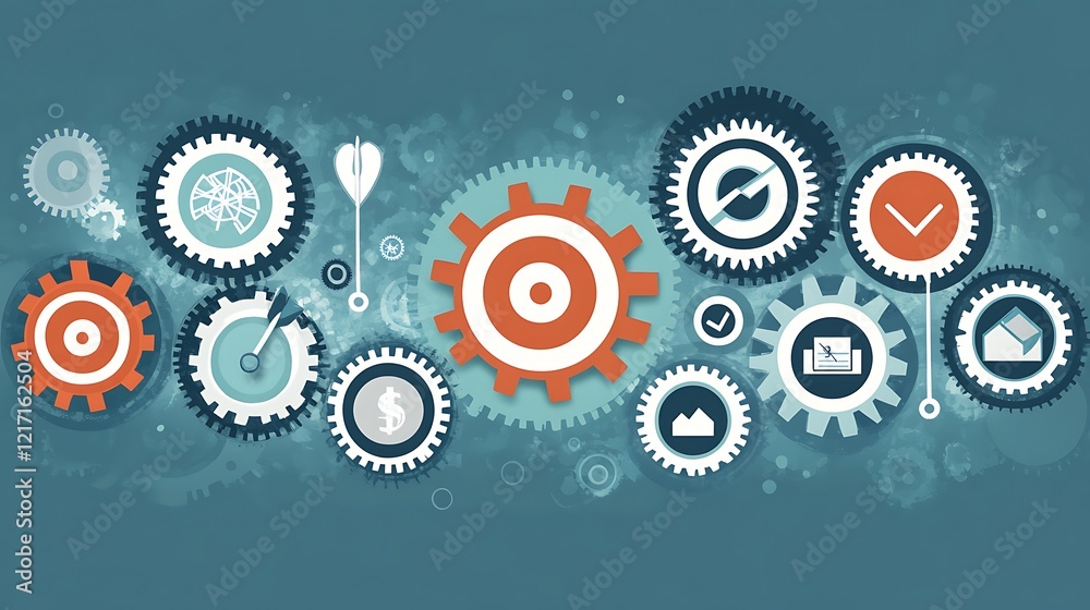 Interconnected gears with various business icons. Interconnected gears with various business icons.