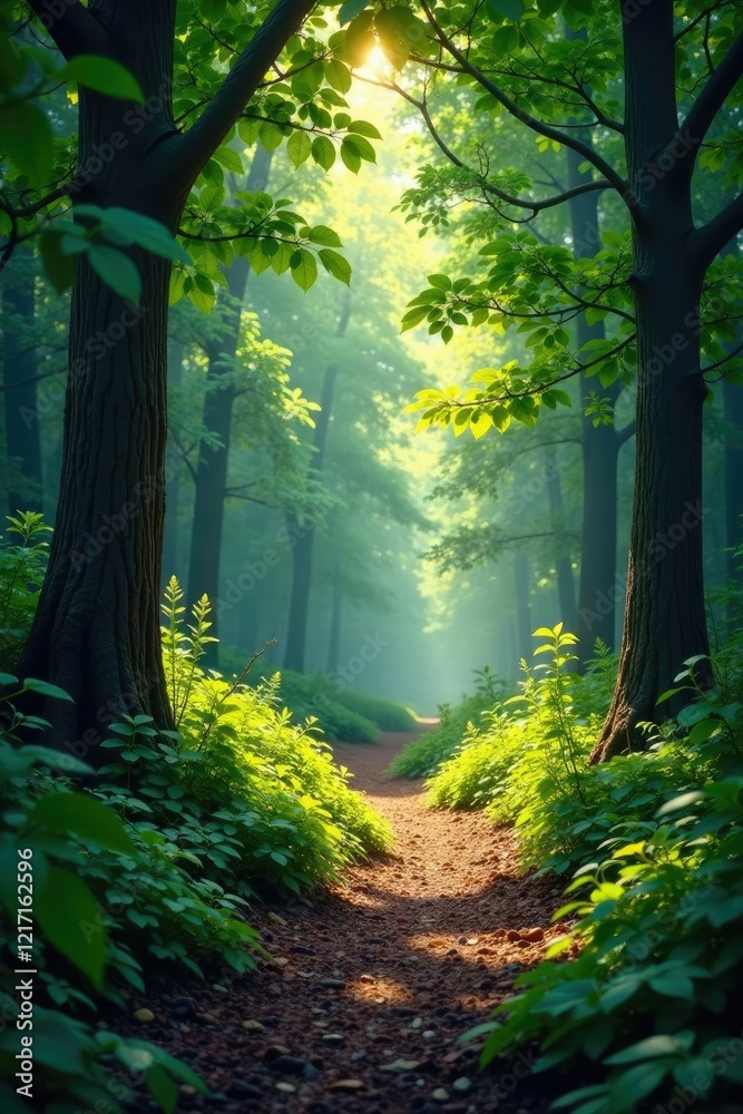 Fototapeta premium Dense foliage obstructs the path into the forest, sunlight filtering, forest path