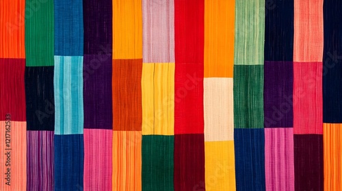 Vibrant Handwoven Andean Textile from Peru Featuring Multicolored Geometric Patterns and Stripes photo