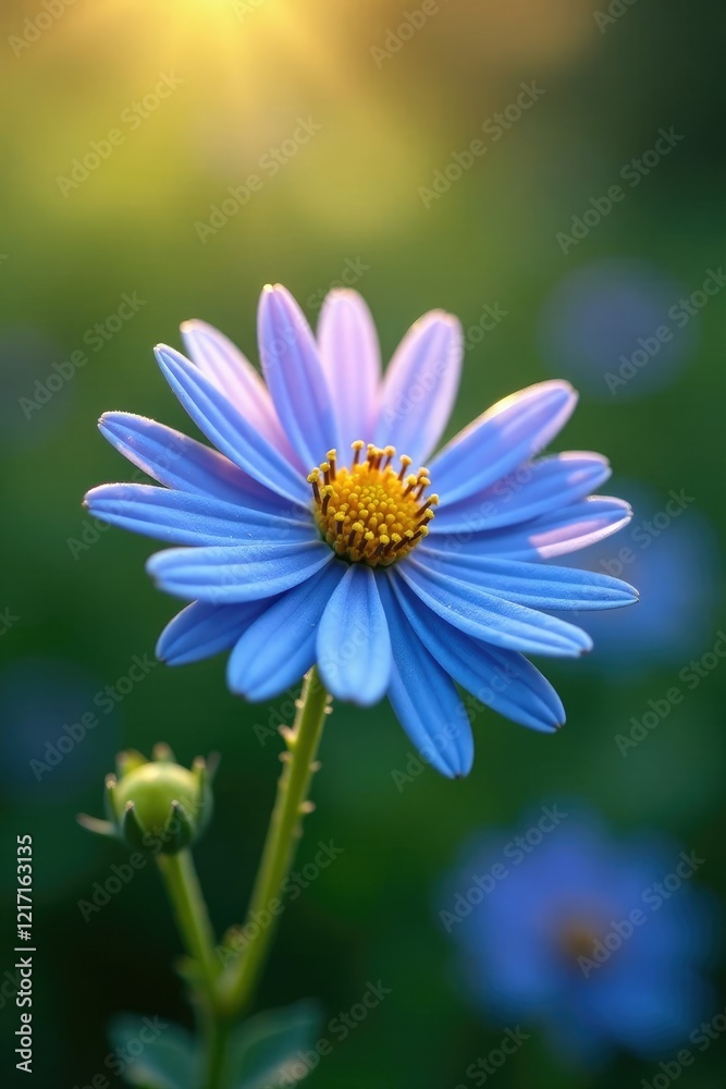Delicate blue aster flower petals unfolding in the morning dew, bloom, flora, Delicate blue aster flower petals unfolding in the morning dew, bloom, flora,