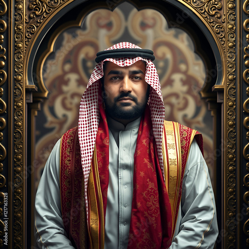 A man in traditional Middle Eastern attire with richly patterned red and gold shawl stands framed by ornate, gold-trimmed arch. The background is detailed, highlighting cultural heritage and elegance. photo