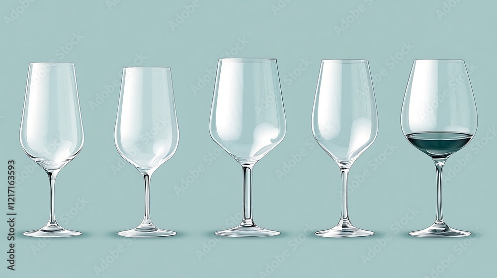 Five empty wine glasses and one with red wine on teal background Five empty wine glasses and one with red wine on teal background