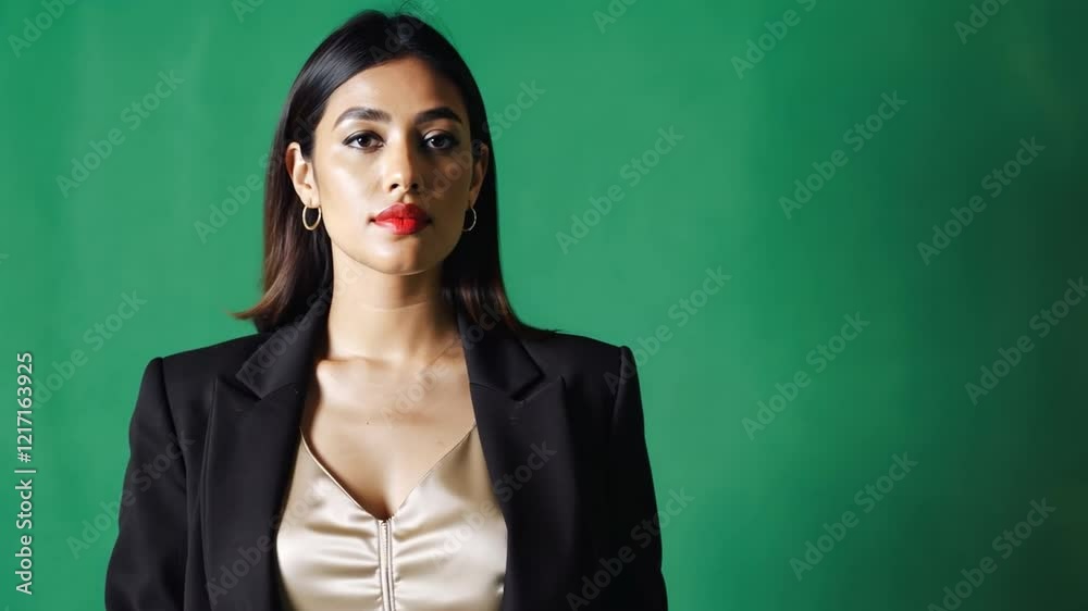Confident Woman in Black Blazer: A stylish woman with dark hair and red lipstick exudes confidence in a black blazer against a vibrant green backdrop.  The image projects strength, professionalism.