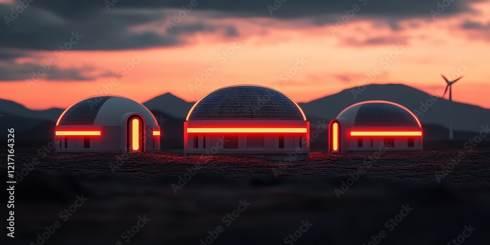 Fototapeta premium Futuristic Domes at Dusk with Wind Turbine Backdrop