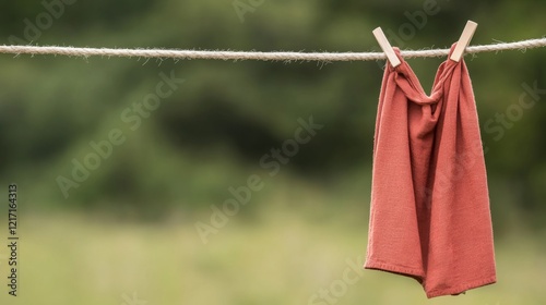 A rustic scene featuring a red cloth hanging on a clothesline against a blurred natural backdrop photo