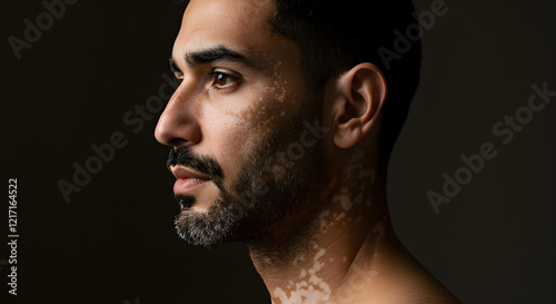 Portrait of confident man showing vitiligo on face and neck