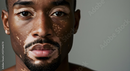 Young black man showing vitiligo on face and body skin