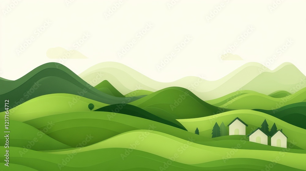 Obraz premium A serene landscape featuring rolling green hills, gentle slopes, and simple white houses under a soft sky.