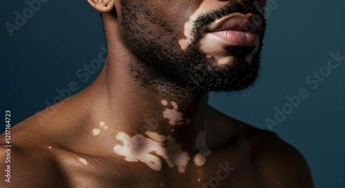Close-up of confident young man showing vitiligo on face and neck